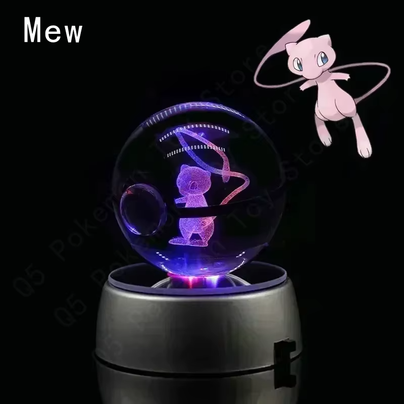 Pokemon 3D Crystal Ball Pikachu Gengar Mew Mewtwo Figurines Lamp Base Pokeball 3D Pokemon Glass Ball Statue Birthday Gift