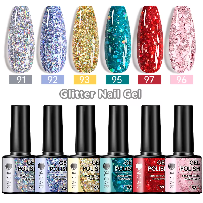 UR SUGAR 7ml Glitter Sequins Gel Nail Polish Soak Off Semi Permanent UV Led Nail Art Gel Varnish Need Matte Top Coat